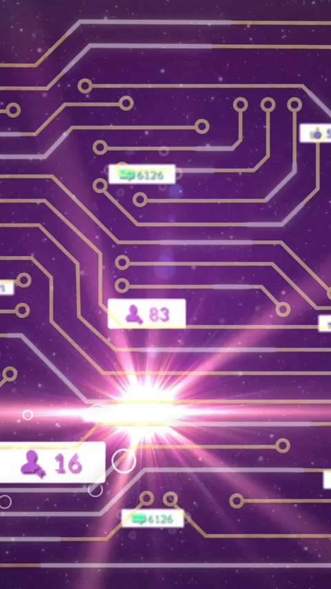 Animation of digital data and user icons on circuit board pattern in cosmic Stock Footage 319727686