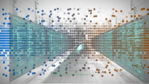 Animation of digital data blocks creating futuristic corridor with tech elements Stock Footage 305073621