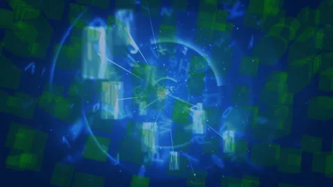 Animation of digital data blocks forming circular pattern in blue and green Stock Footage 304645278