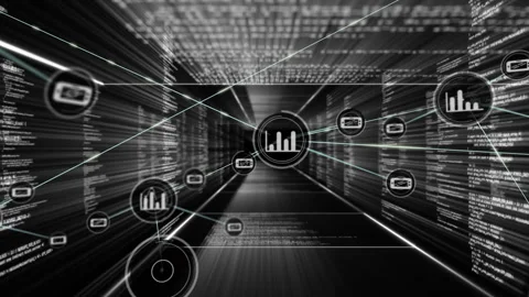 Animation of digital data flow and analytics icons in futuristic tunnel Stock Footage 303528548