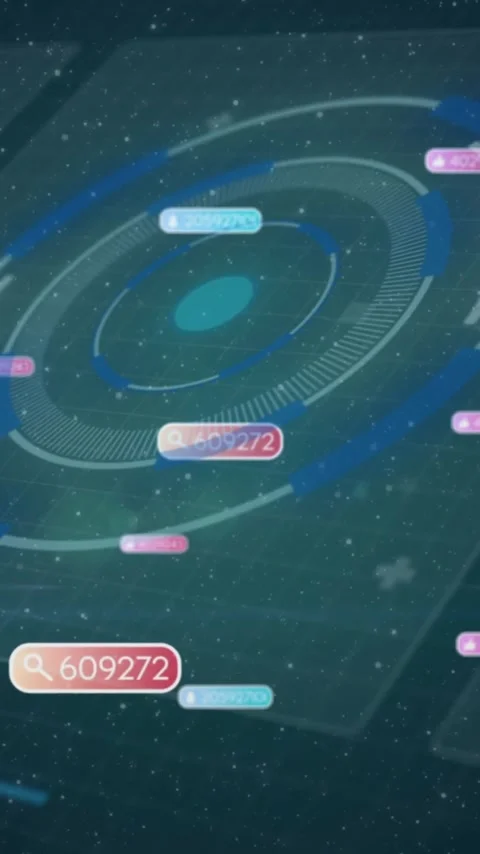 Animation of digital data points orbiting futuristic circular interface elements Stock Footage 320215659
