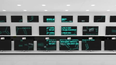 Animation of digital data processing across multiple flat screen tvs in shop Stock Footage 159150618