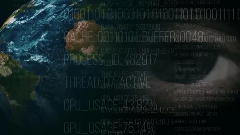 An animation of digital data processing against the backdrop of an opening hu Vídeo Stock 343399353