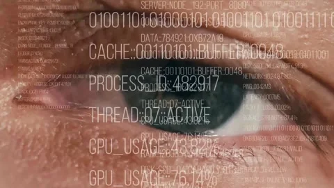 Animation of digital data processing against the backdrop of an opening human Stockbeeldmateriaal 343399370
