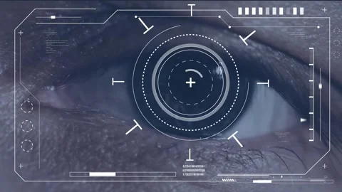 Animation of digital data processing and scope scanning over eye 4K Stock Footage 261828572