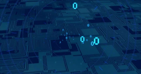 Animation of digital data processing and binary coding over computer circuit Stockbeeldmateriaal 265620040