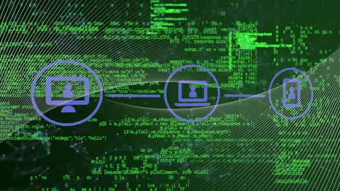 Animation of digital data processing and icons over black background Stock Footage 266379505