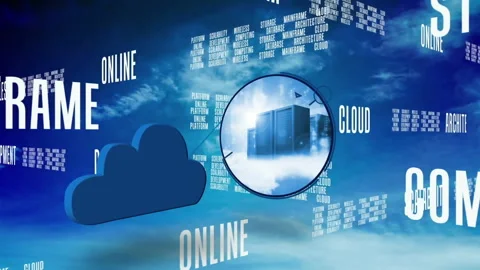 Animation of digital data processing and text with cloud icon over blue Vídeos de archivo 307893968