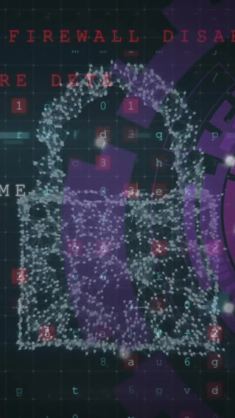 Animation of digital data processing and padlock on dark background Video stock 320663224