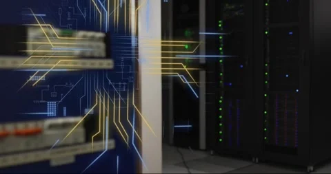 Animation of digital data processing and circuit board over computer servers Stock Footage 325964892