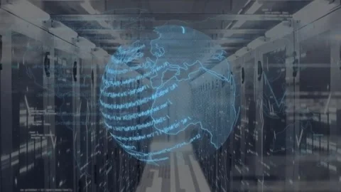 Animation of digital data processing and globe over computer servers Stock Footage 326626212