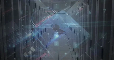 Animation of digital data processing and security padlock over server room Stock Footage 327898485