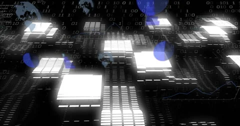 Animation of digital data processing with binary code and glowing shapes in Video stock 303565059