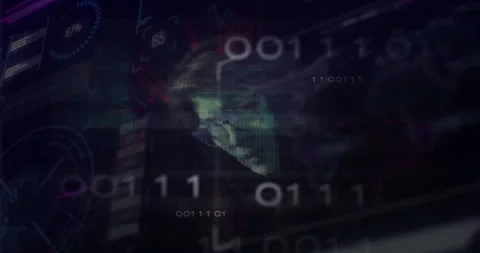 Animation of digital data processing with binary coding and asian male hacker Stock Footage 307814984