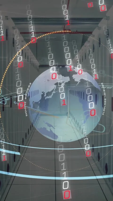 Animation of digital data processing, binary coding and globe over computer Stock Footage 320663420