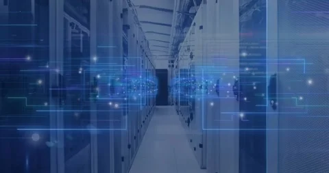 Animation of digital data processing, circuit board and computer servers Stock Footage 329499931