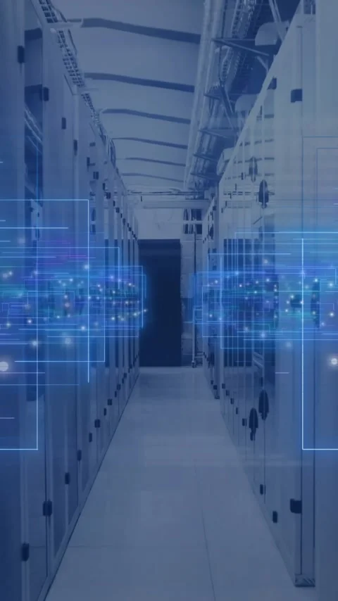 Animation of digital data processing, circuit board and computer servers Stock Footage 342996737