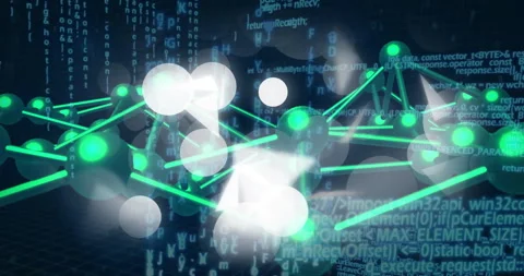 Animation of digital data processing with glowing network nodes and binary code 動画素材 303870482