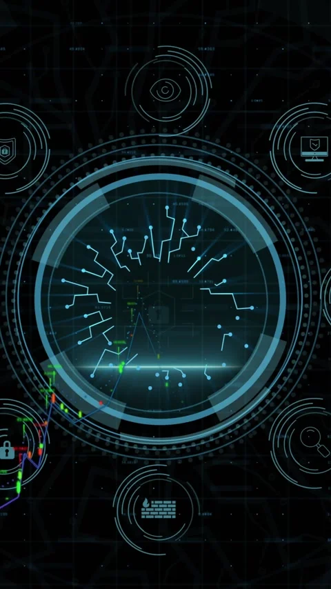 Animation of digital data processing, icons over scope scanning on dark 스톡 동영상 342805988