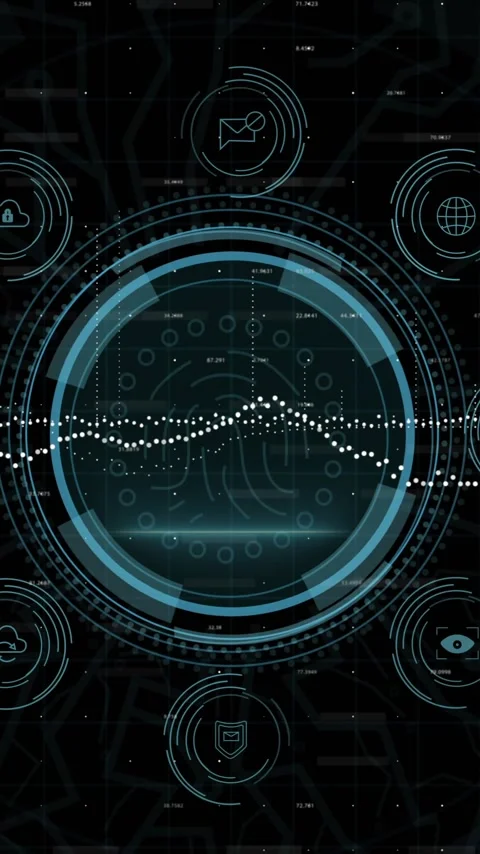 Animation of digital data processing, icons over scope scanning on dark 스톡 동영상 342812157