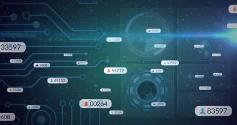 Animation of digital data processing with numbers and alerts over circuit design Stock Footage 304015975