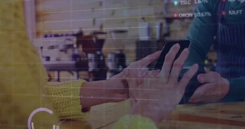 Animation of digital data processing over people using a payment terminal Stock Footage 220357141