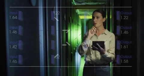 Animation of digital data processing over caucasian woman by computer servers Stock Footage 269027739