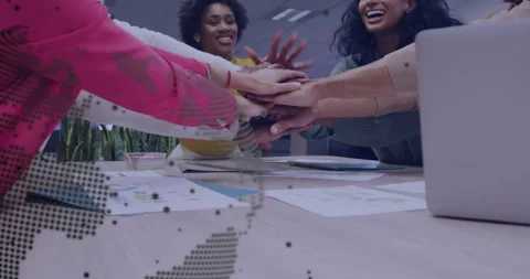Animation of digital data processing over diverse business people stacking hands Stock Footage 308271790