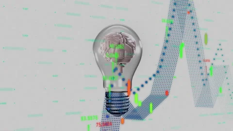 Animation of digital data processing over lightbulb with brain on grey Stock Footage 308272573