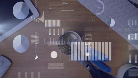 Animation of digital data processing over calculator and tablet and computer on 動画素材 308769646