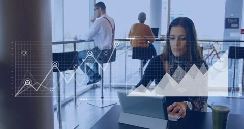 Animation of digital data processing over caucasian businesswoman using tablet 動画素材 309909033