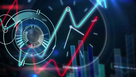 Animation of digital data processing over scope scanning and clock Stock Footage 310033254