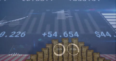Animation of digital data processing over stacks of coins Stock Footage 310156422