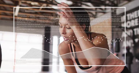 Animation of digital data processing over woman exercising in gym Stock Footage 310408498