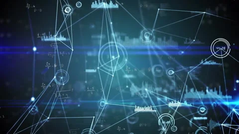 Animation of digital data processing over network of connections on black Stock Footage 310486884