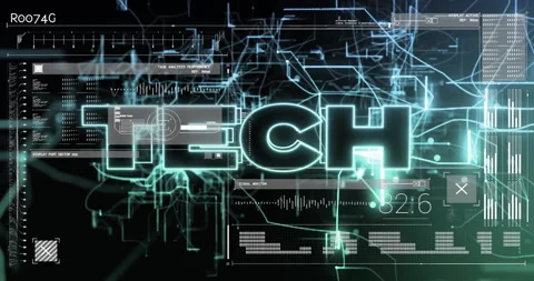 Animation of digital data processing over tech texy and computer servers Stock Footage 310487950