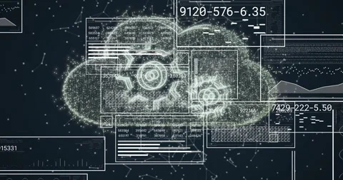 Animation of digital data processing over cloud with cogs on dark background Stock Footage 310590236