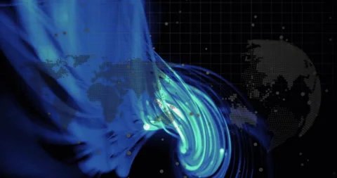 Animation of digital data processing over globe on dark background 库存影片 310590259