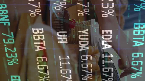 Animation of digital data processing over people using a payment terminal Stock Footage 314143706