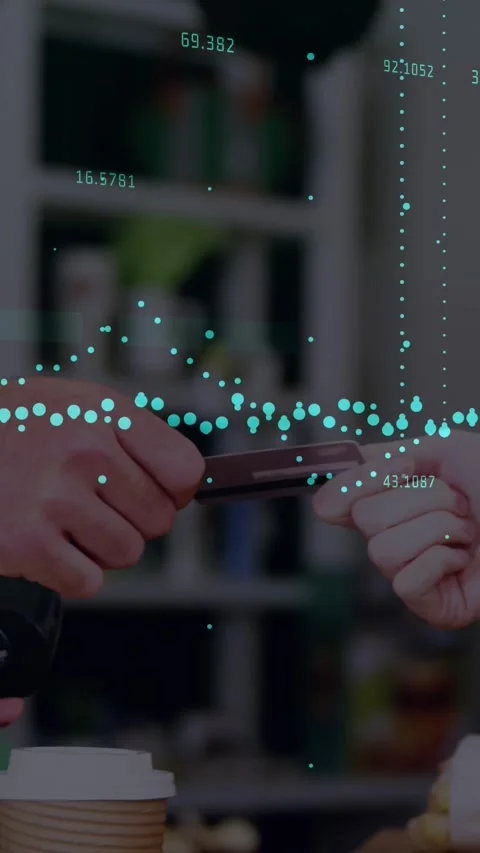 Animation of digital data processing over people using a payment terminal Stock Footage 319371168