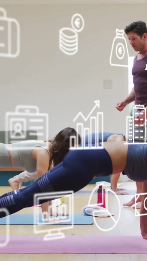 Animation of digital data processing over diverse women exercising doing plank Stock Footage 319415979