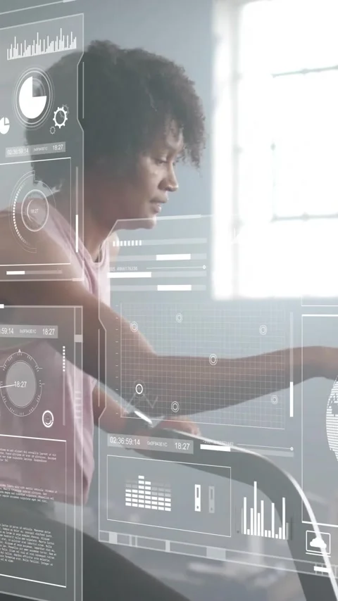 Animation of digital data processing over diverse people exercising in gym Stock Footage 320378931