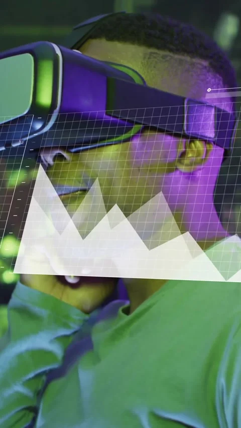 Animation of digital data processing over afrcian american iman with vr headset Stock Footage 320379079