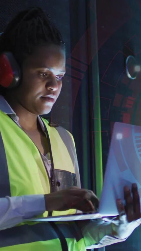 Animation of digital data processing over african american it female engineer by Video stock 320444577