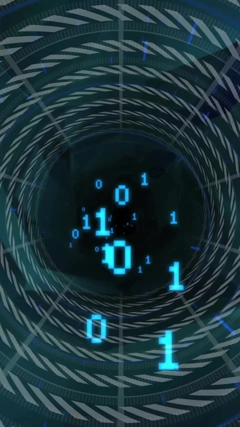 Animation of digital data processing over binary coding and chain tunnel Stock Footage 320589684