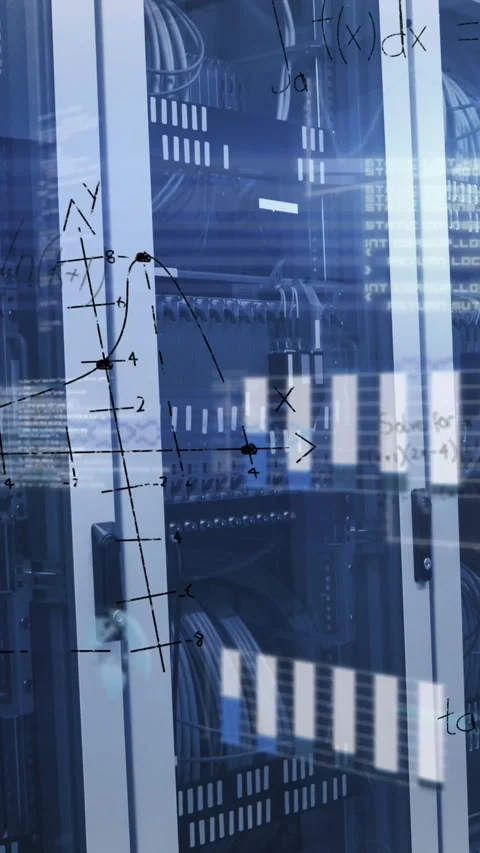 Animation of digital data processing over server room Stockbeeldmateriaal 322084112