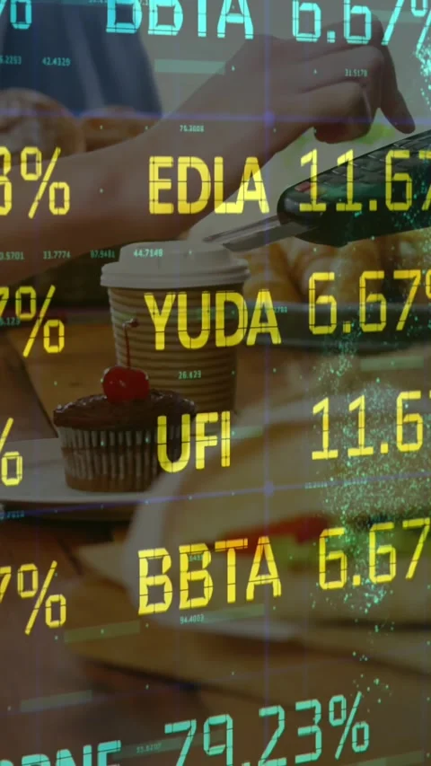 Animation of digital data processing over people using a payment terminal Stock Footage 322954304