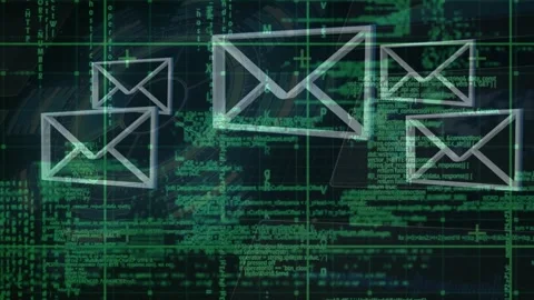 Animation of digital data processing over grid and email envelopes Video stock 327445311