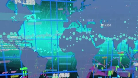 Animation of digital data processing over computer code processing and grid Stock Footage 327641314