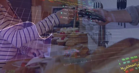 Animation of digital data processing over people using a payment terminal Stock Footage 327714095